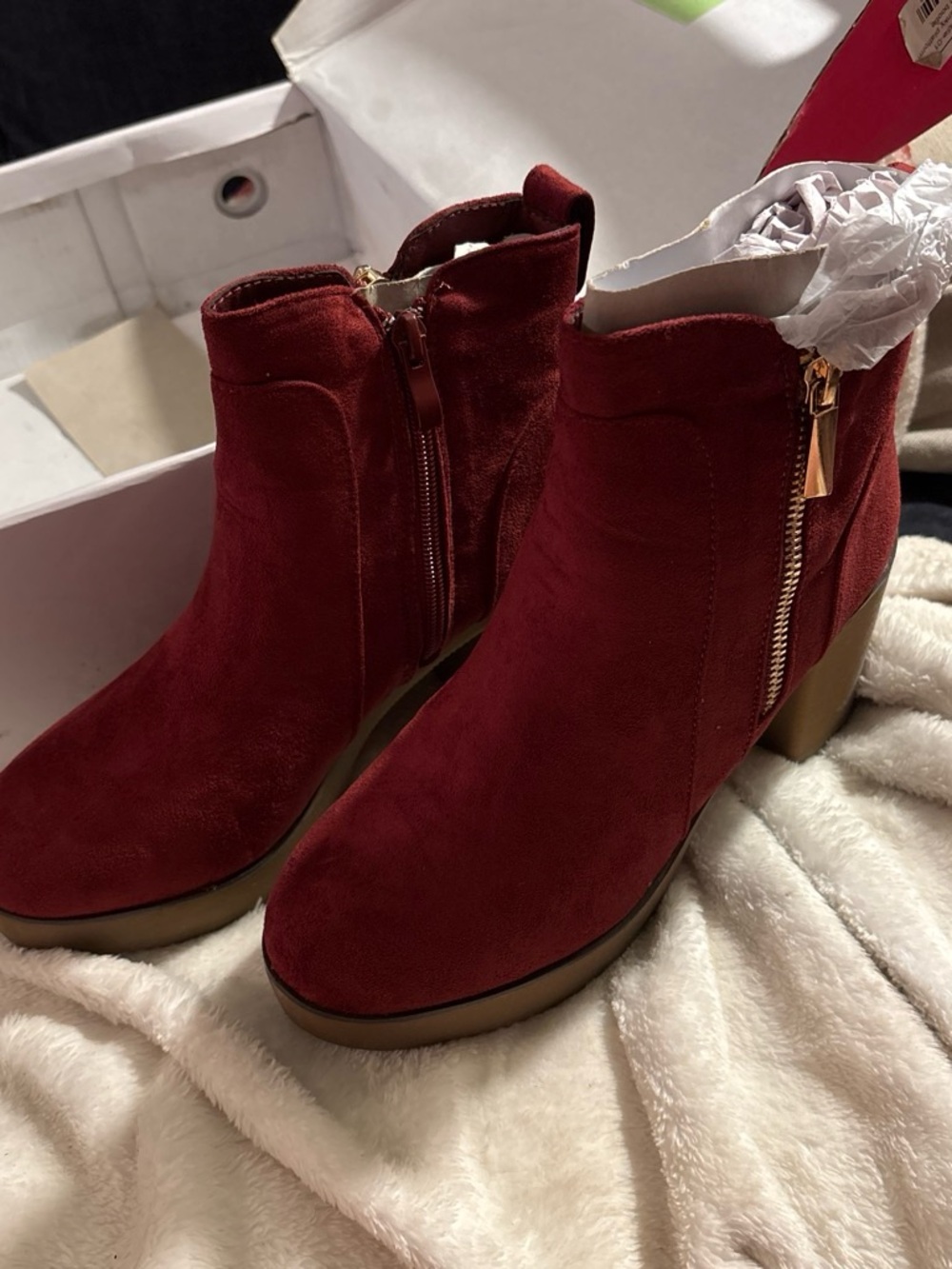 Women’s Red Suede Ankle Booties with Side Zip